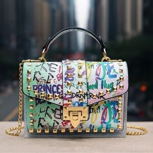 Graffiti Print Clear 2pc Crossbody Clutch w/ Studs & Removable Zippered Pouch